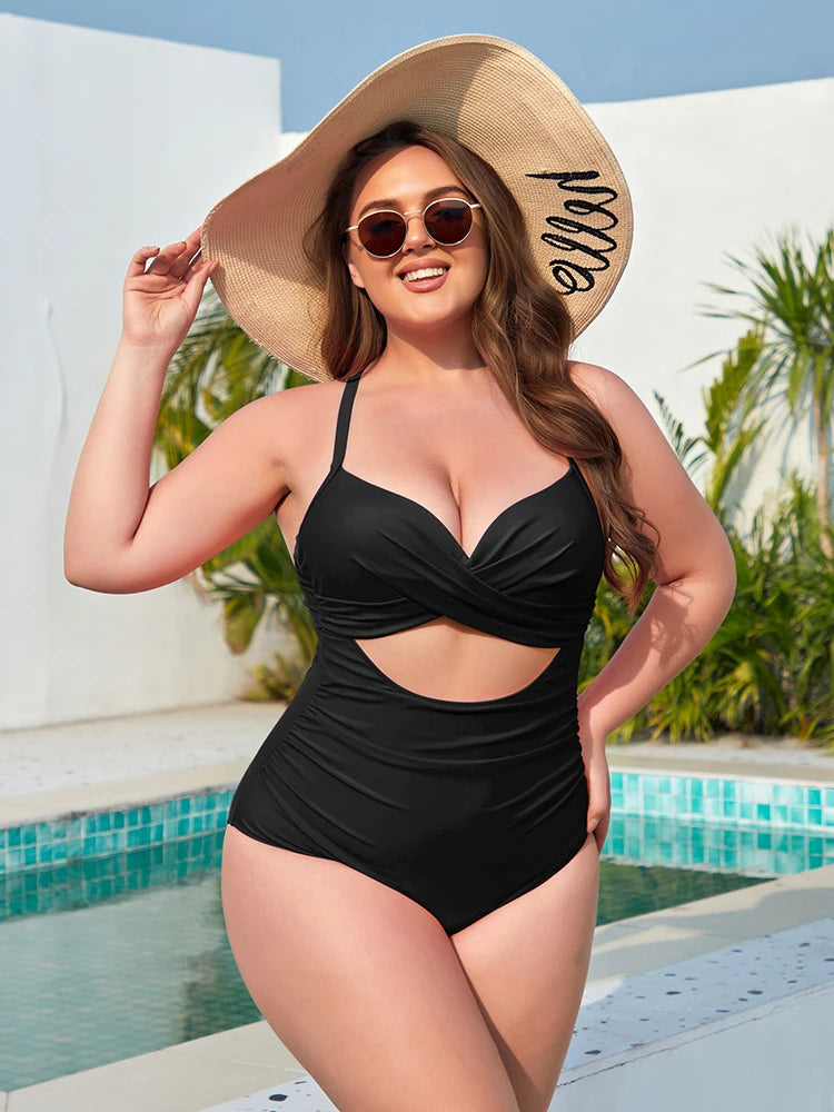 Sexy Plain Swimsuit with V-Neck and Push-Up - Plus Size