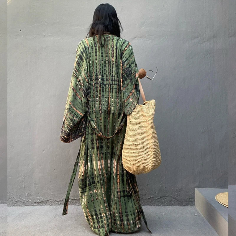 Vestido Kimono Verde con Cinturón y Rayas Bohemias
