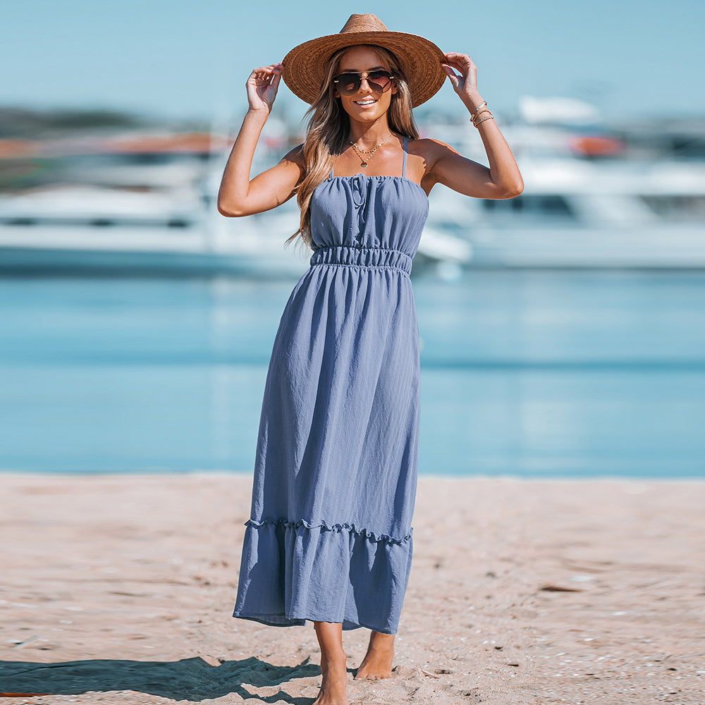 Blue Ruched Midi Dress with Front Bow