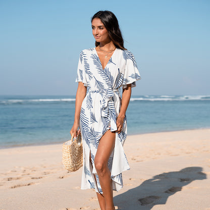 Vestido Midi con Cinturón y Estampado de Hojas