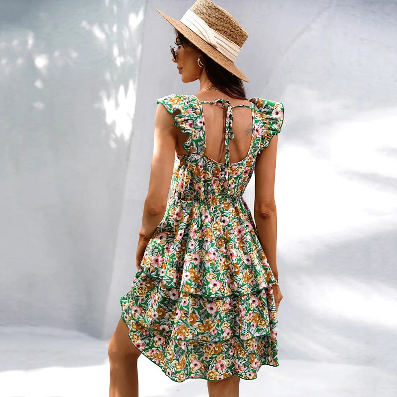 Vestido Floral con Tirantes Gruesos y Nudo Ajustable