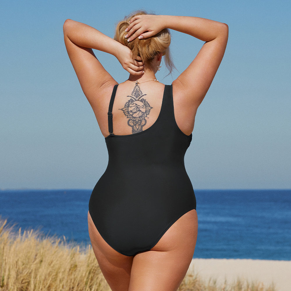 Black Mesh One Shoulder Slim Swimsuit - Plus Size