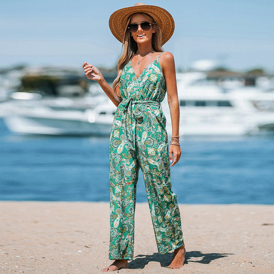 Long Green Paisley Print Belted Jumpsuit