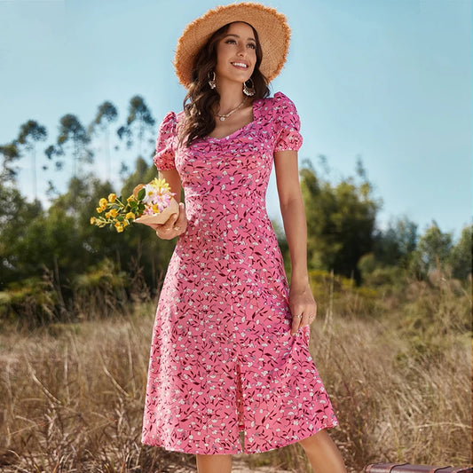 Vestido Midi Largo con Estampado Floral y Abertura Lateral