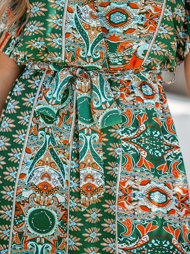 Vestido Largo de Manga Corta con Cinturón y Estampado Floral de Cachemir