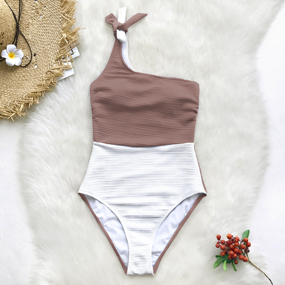 Brown/White Monokini Swimsuit with Tie on One Shoulder - One Piece