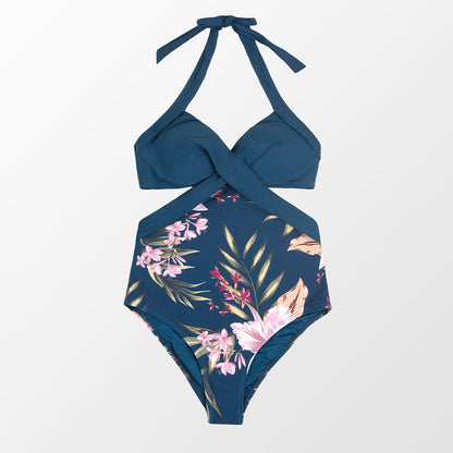 Blue Floral Wrap Front Cutout Swimsuit - One Piece