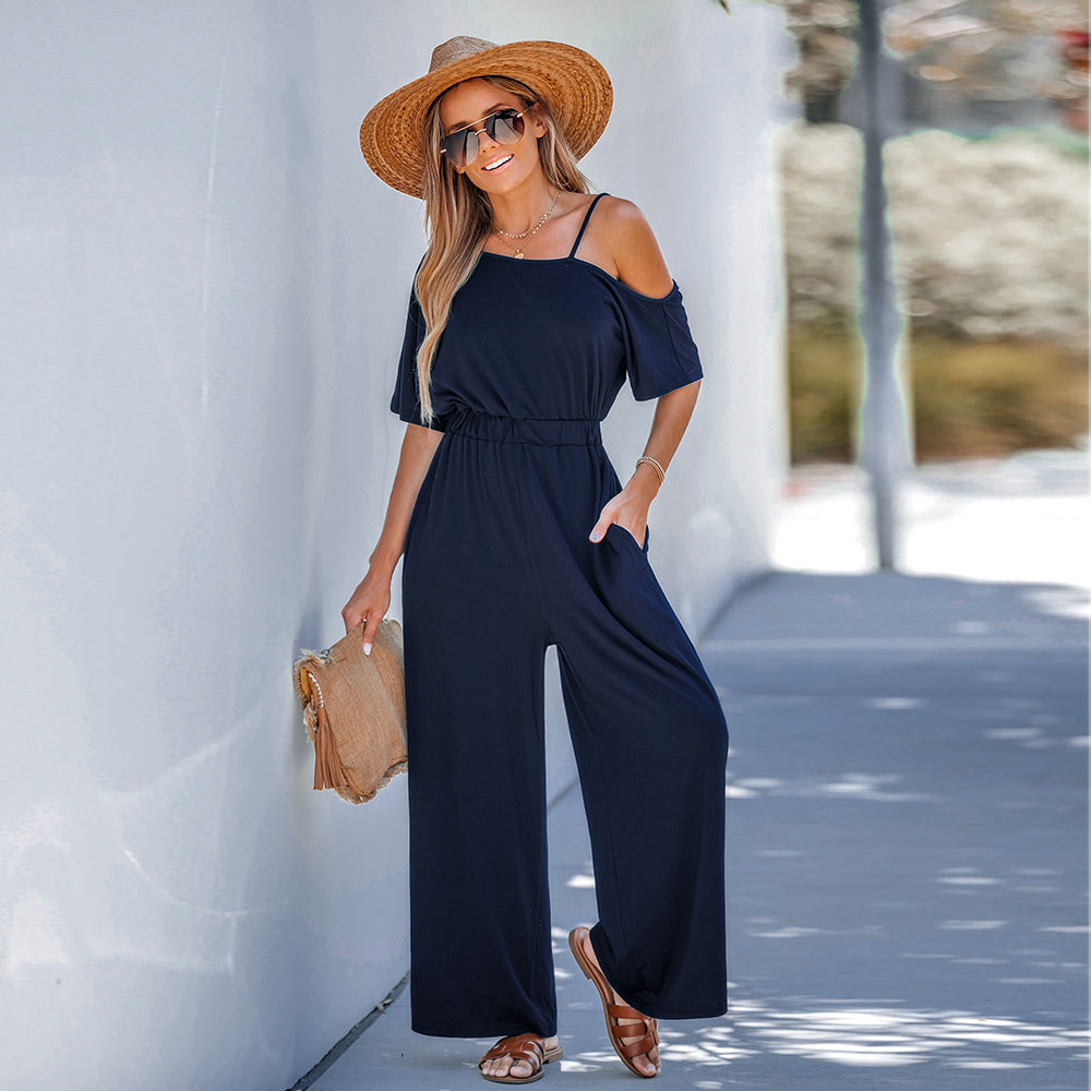 Off the store shoulder navy jumpsuit