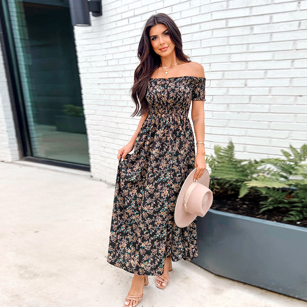 A-Line Floral Print Off Shoulder Maxi Dress