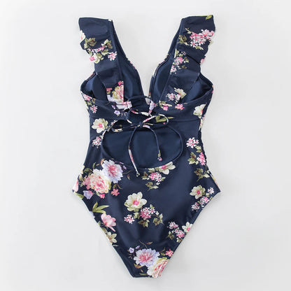 Blue Swimsuit with Floral Print and Ruffled V-Neck - One Piece