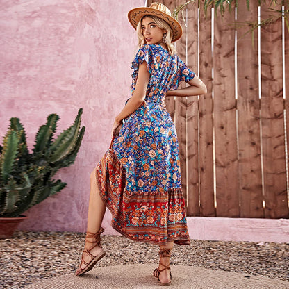 Vestido Bohemio Hippie con Estampado Floral y Escote en V