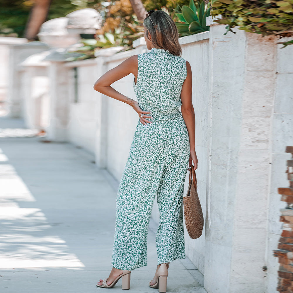 Ditsy-Floral Jumpsuit Loose Chest High and Wide Leg