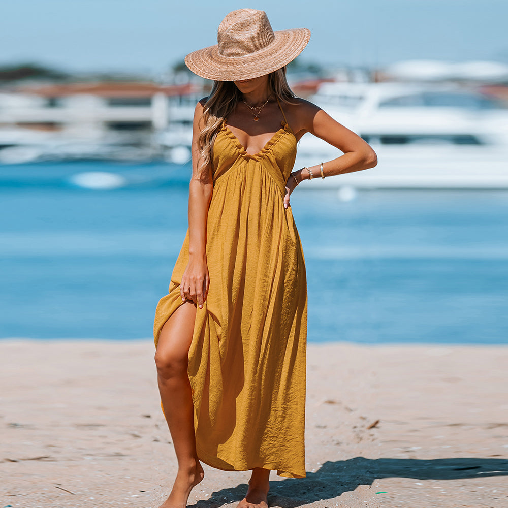Yellow Maxi Dress with Ruffles Loose V-Neck and Open Back