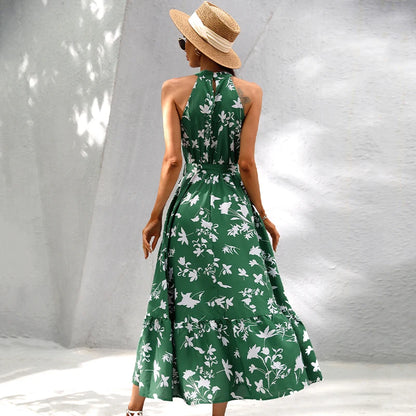 Halter Neck Sleeveless Floral Print Long Dress