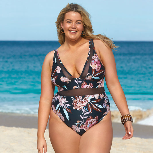 Floral Mesh V Neck Swimsuit - Plus Size