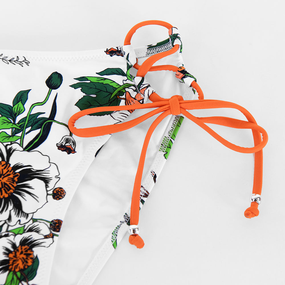 Bikini con Estampado Floral Naranja de Cordones - Cintura Baja