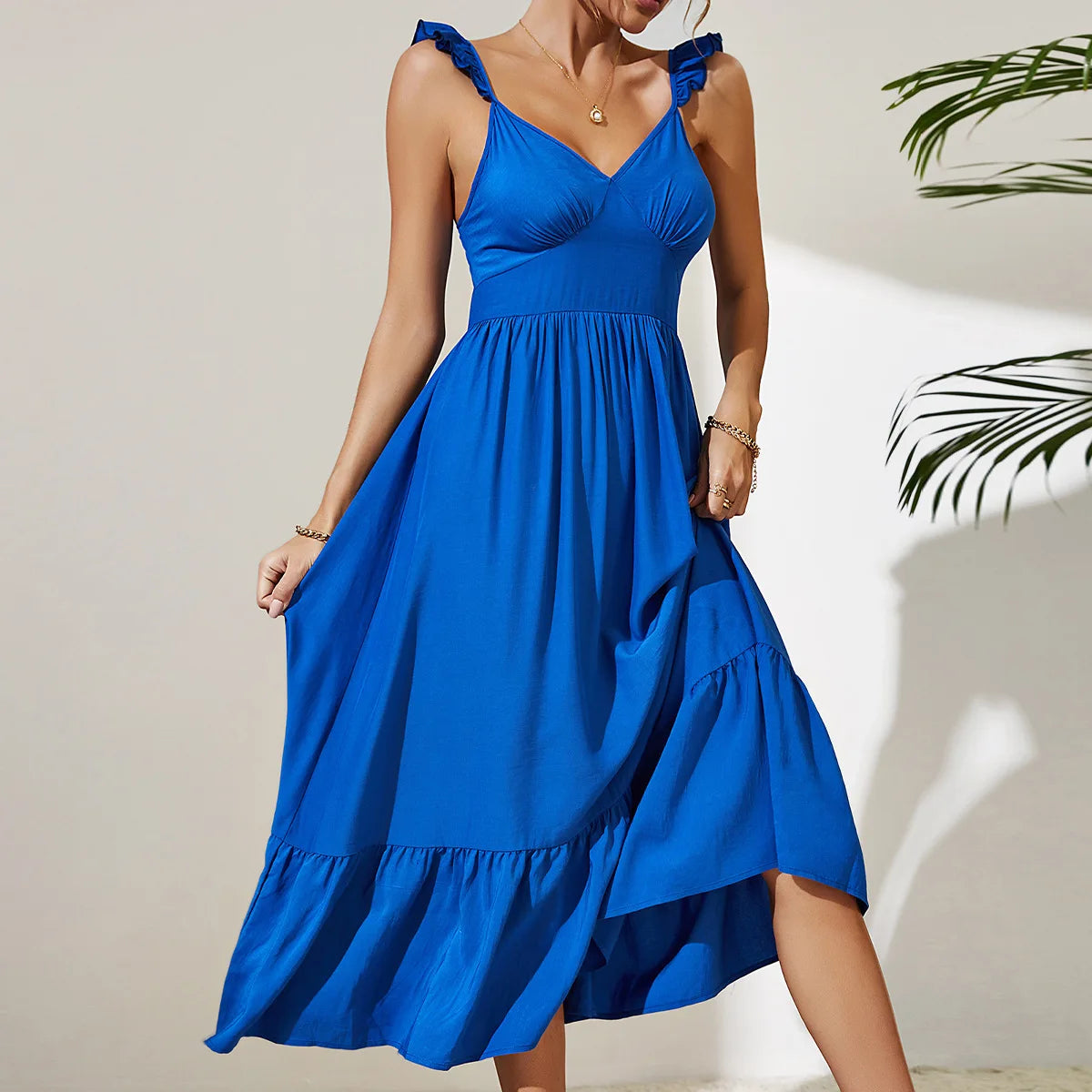 Blue Plain Jacquard Dress with Sexy Slit