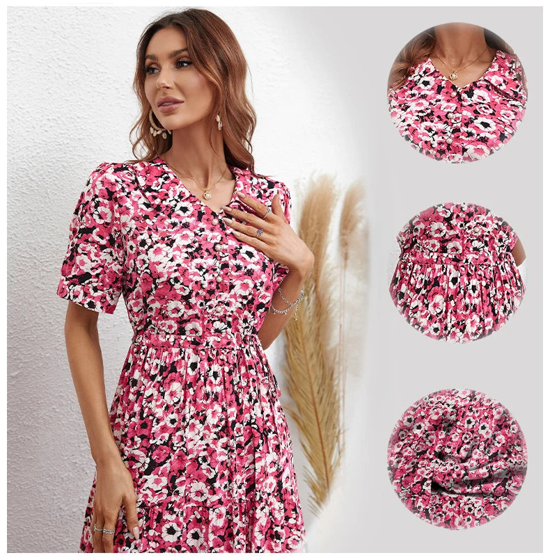 Vestido Midi de Manga Corta con Estampado Floral