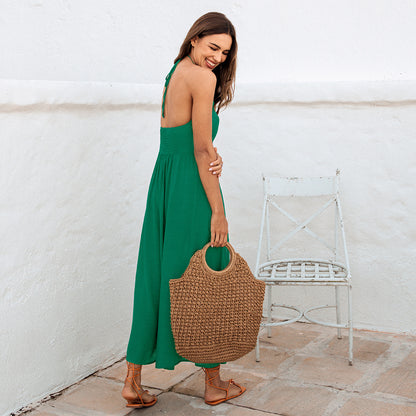 Green Long Dress with Ruffles Loose V-Neck and Open Back