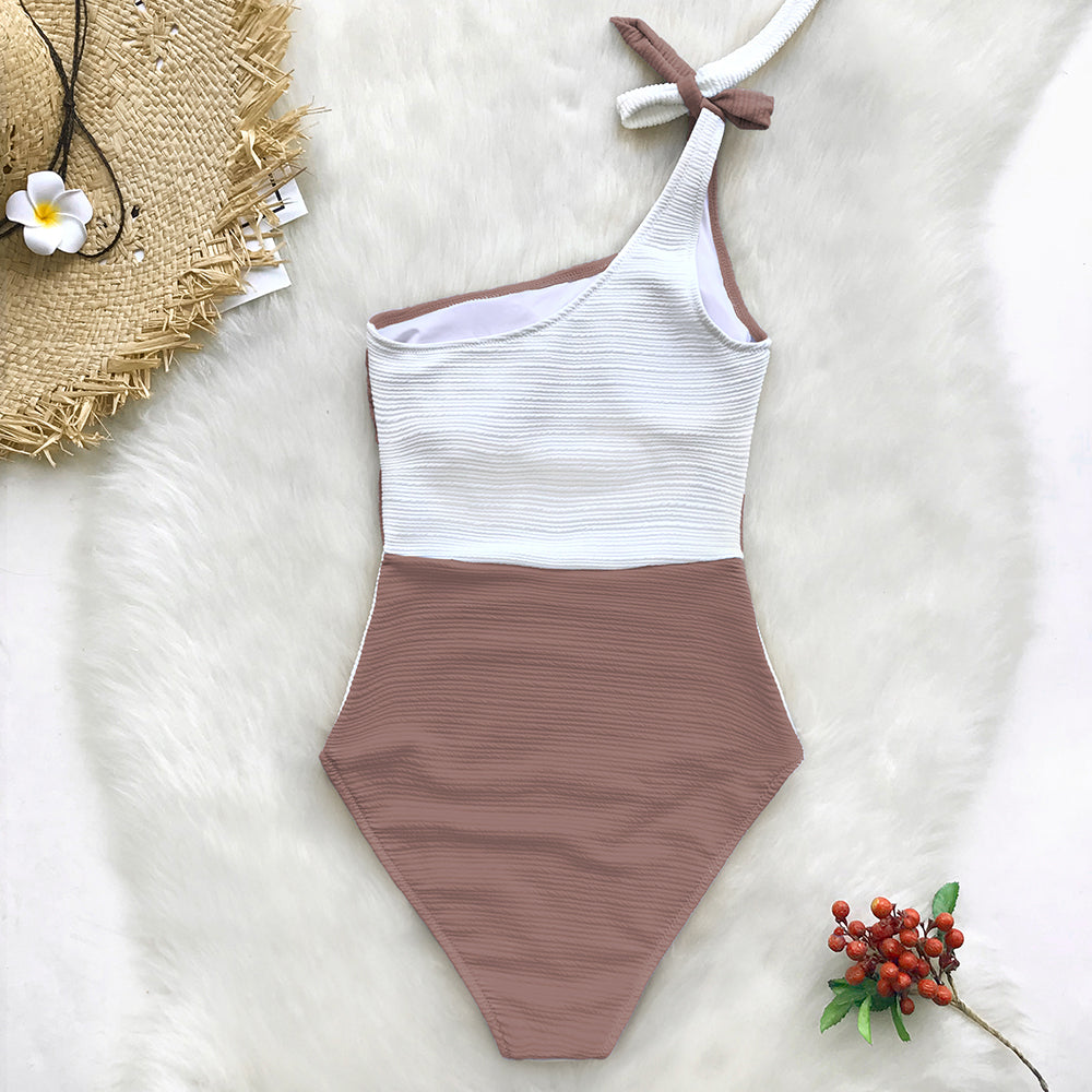 Brown/White Monokini Swimsuit with Tie on One Shoulder - One Piece