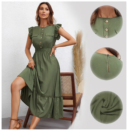 Vestido Verde Olivo Largo con Botones y Cintura Elástica