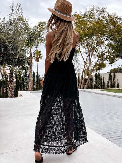 Black Slip Dress with Laces and V-Neckline Ariya