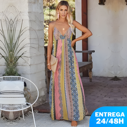 Long Bohemian Print Dress with V-Neck and Thin Straps