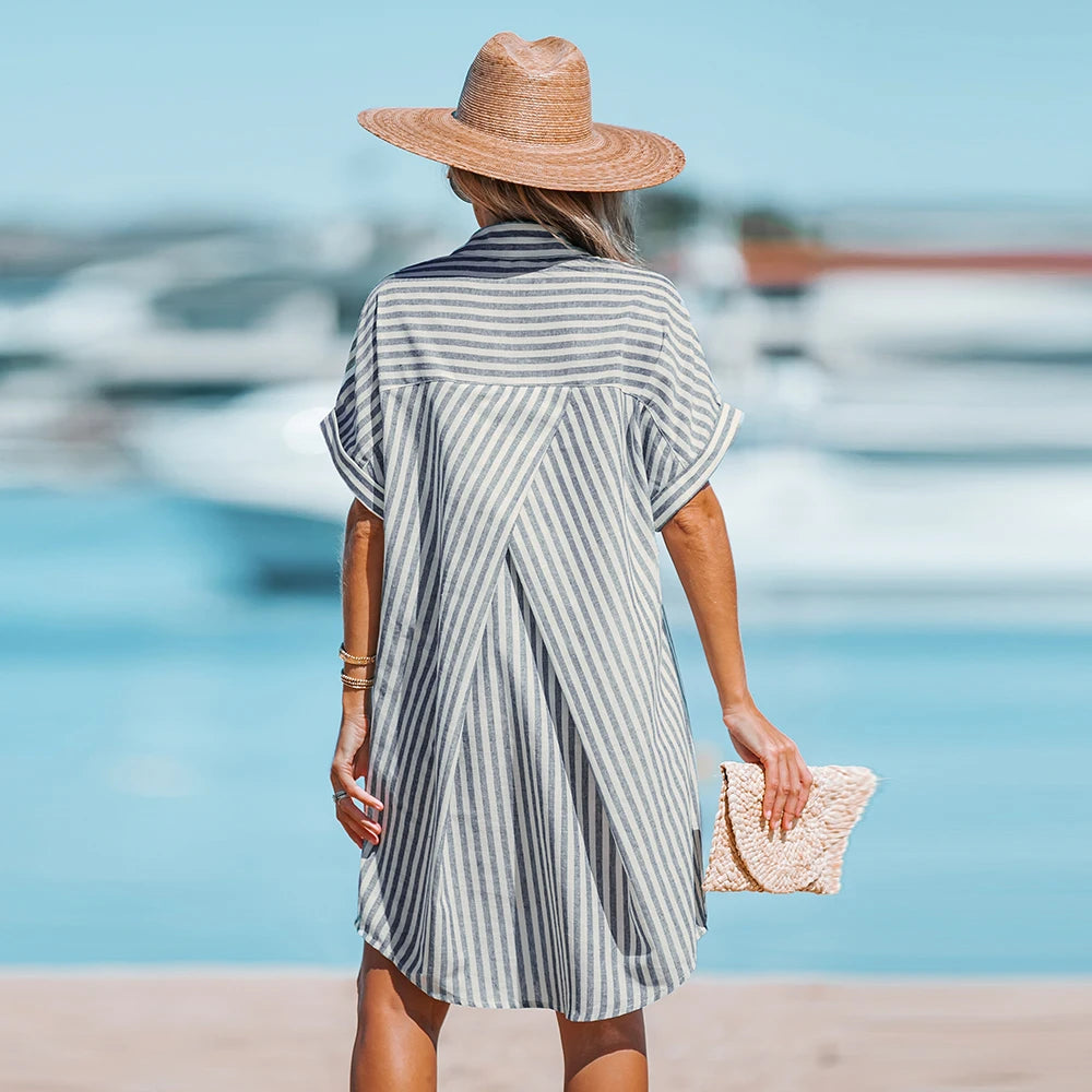 Blue and white striped beach cover up sales