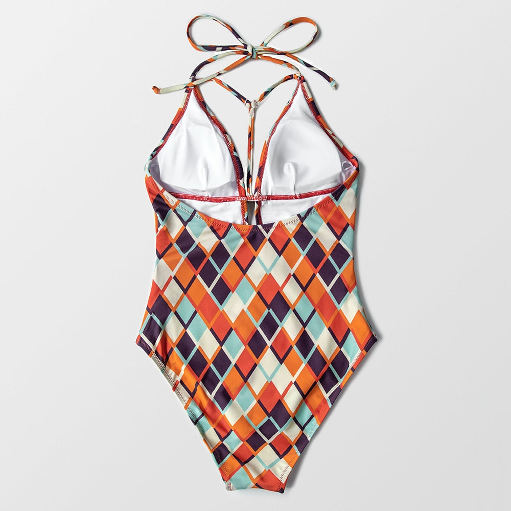 Geometric Print Plunge Neck Swimsuit - One Piece