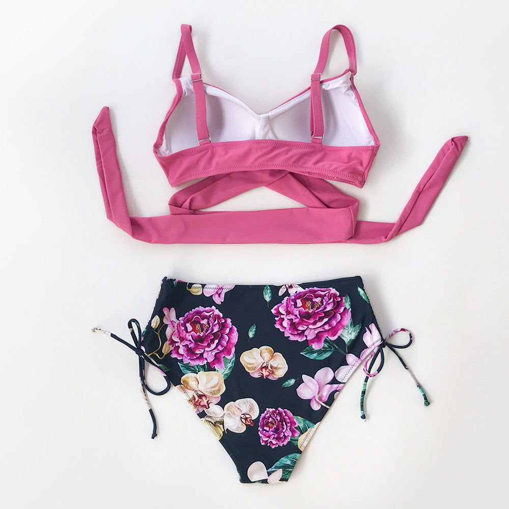 Bikini Rosado Floral Anudado con Cordones Ajustable - Cintura Alta