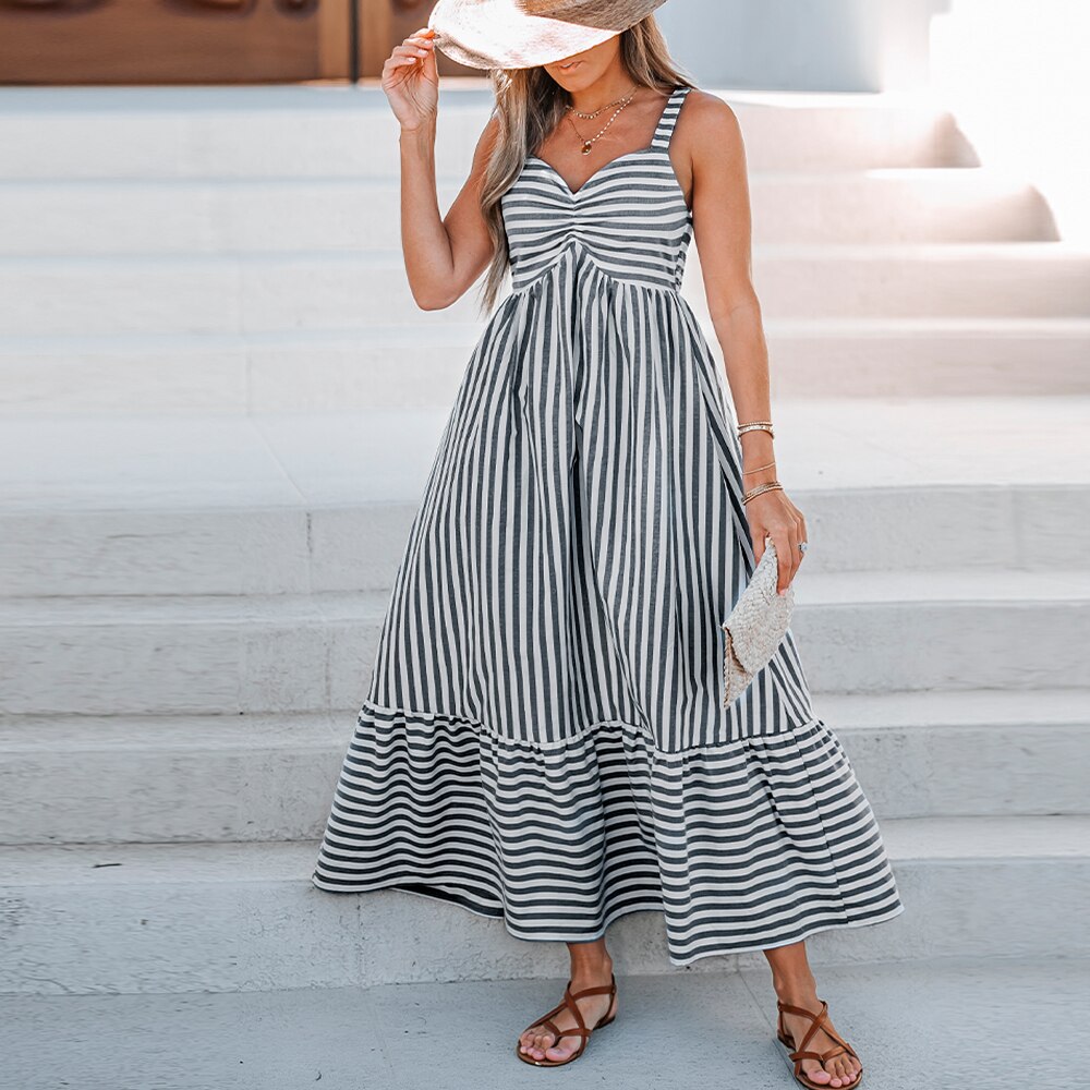 Gray Striped Ruched Sleeveless Maxi Dress