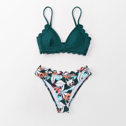 Green Floral Hipster Bikini &amp; Scalloped Bralette Daydream Blossom - Mid Waist