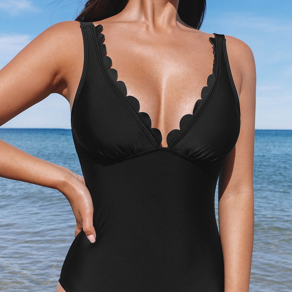 Black Scalloped V Neck Swimsuit One Piece