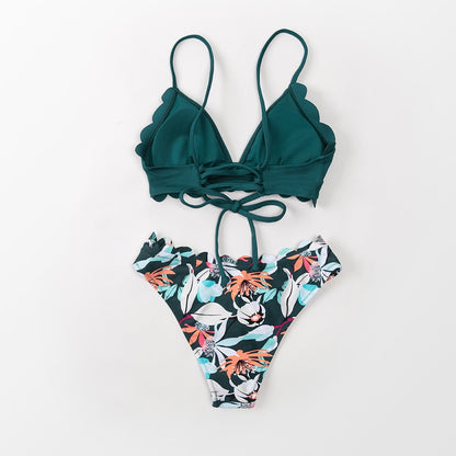 Green Floral Hipster Bikini &amp; Scalloped Bralette Daydream Blossom - Mid Waist