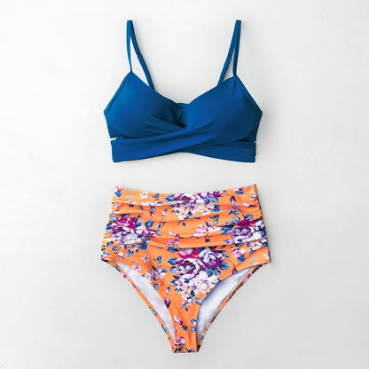 Bikini Azul/Naranja Falbala Cruzado Floral - Cintura Alta