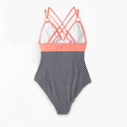 Romantic Pink O-Ring Striped Swimsuit - One Piece