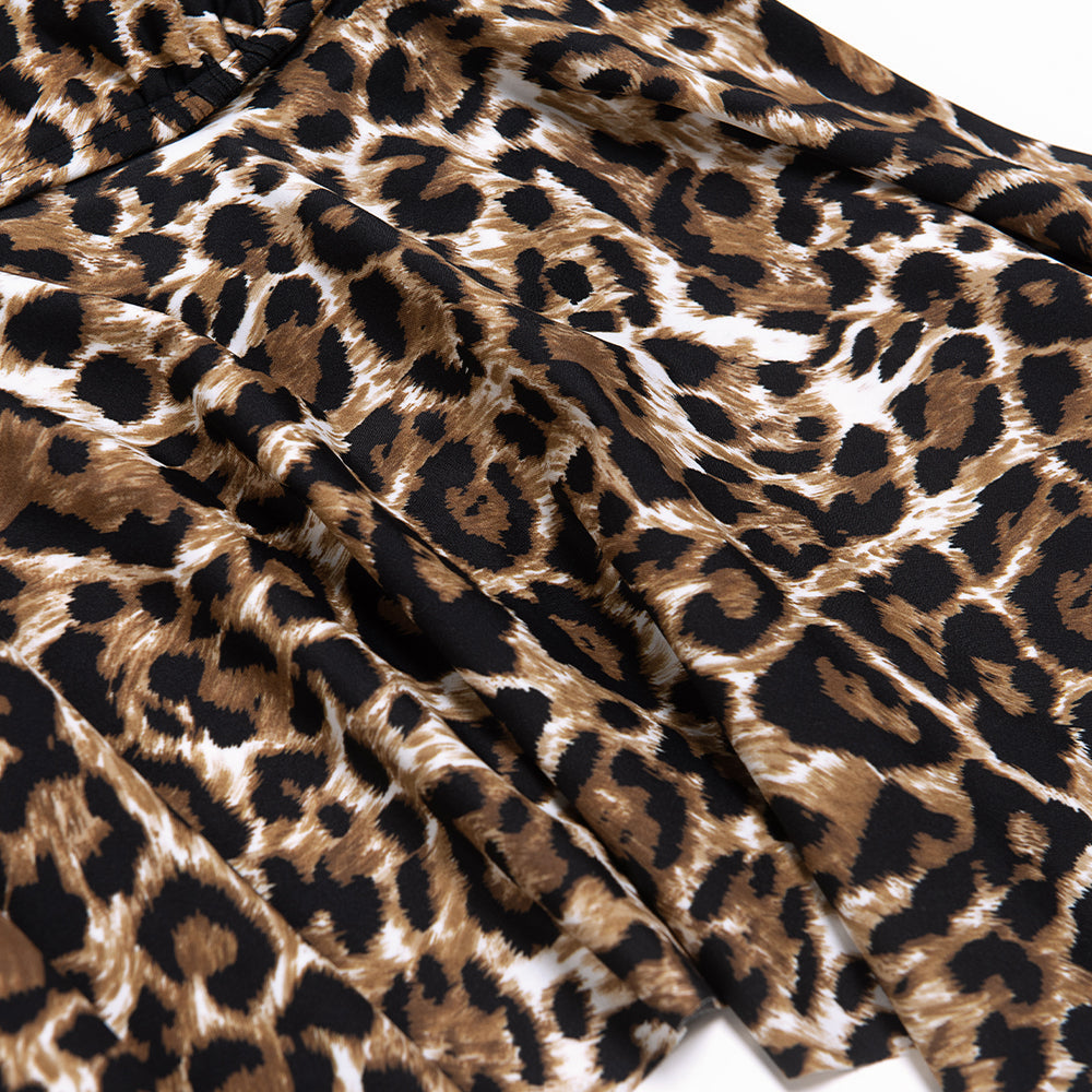 Tankini Vestido Recortado con Escote en V de Breana Leopardo - Cintura Media