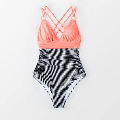 Romantic Pink O-Ring Striped Swimsuit - One Piece
