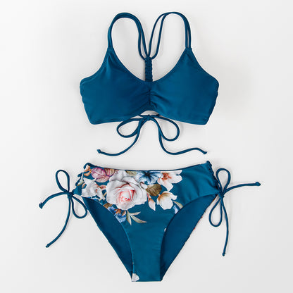 Bikini Azul Floral Reversible con Cordones y Tiras - Cintura Media
