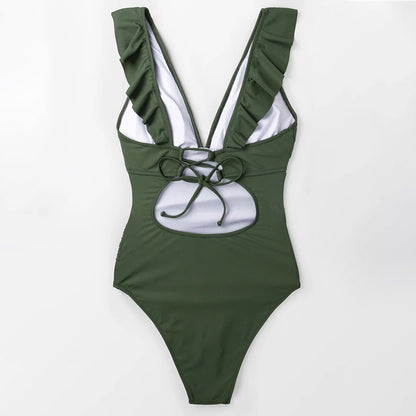 Moss Green Halter Neck Ruffled Lace-up One-Piece Swimsuit