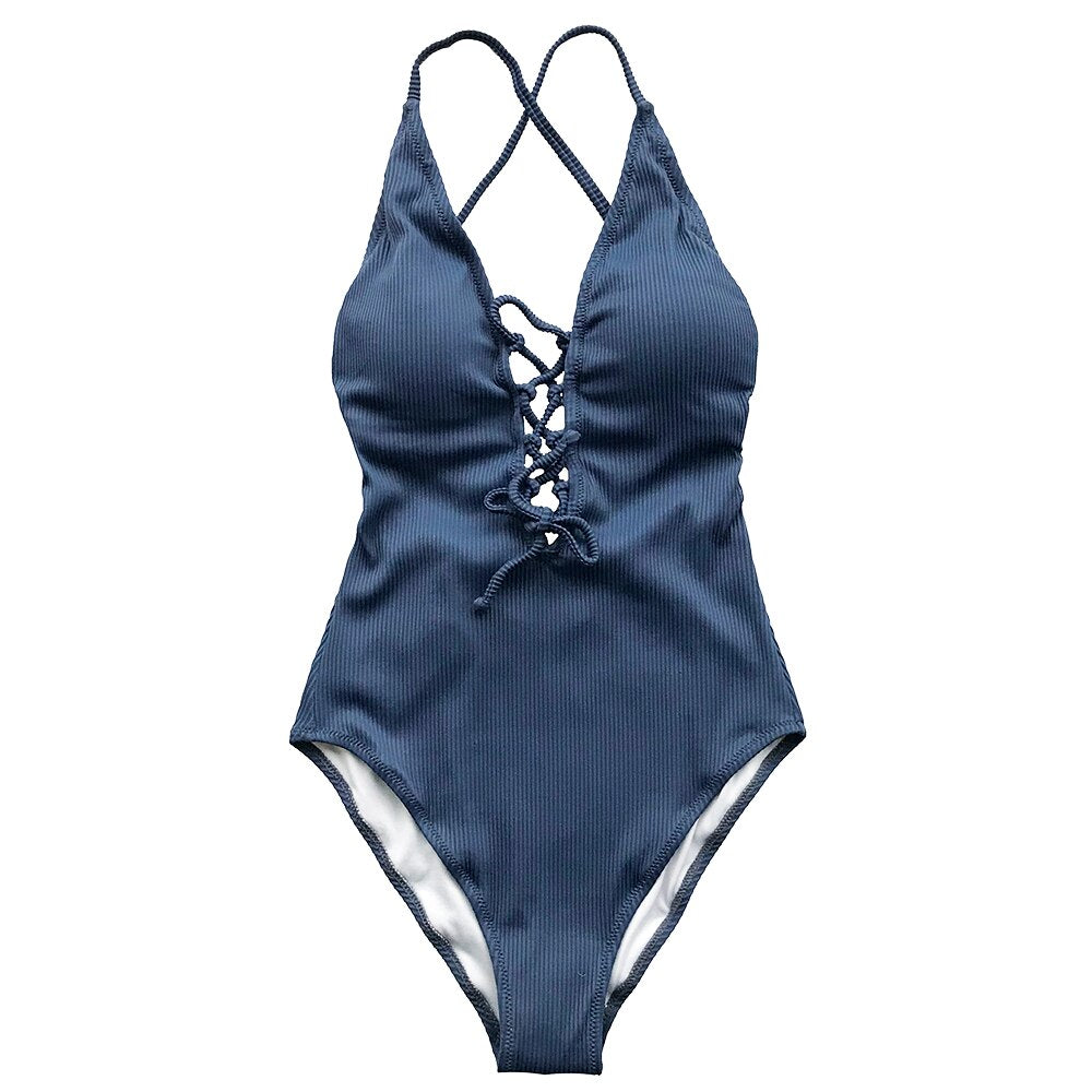 Kathleen Lace Up Halter Neck Swimsuit - One Piece