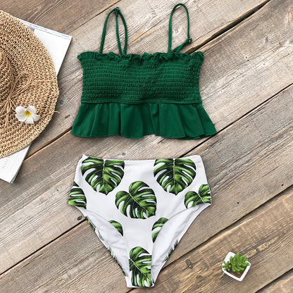 Green Solid Color Floral Ruffle Tankini - High Waist