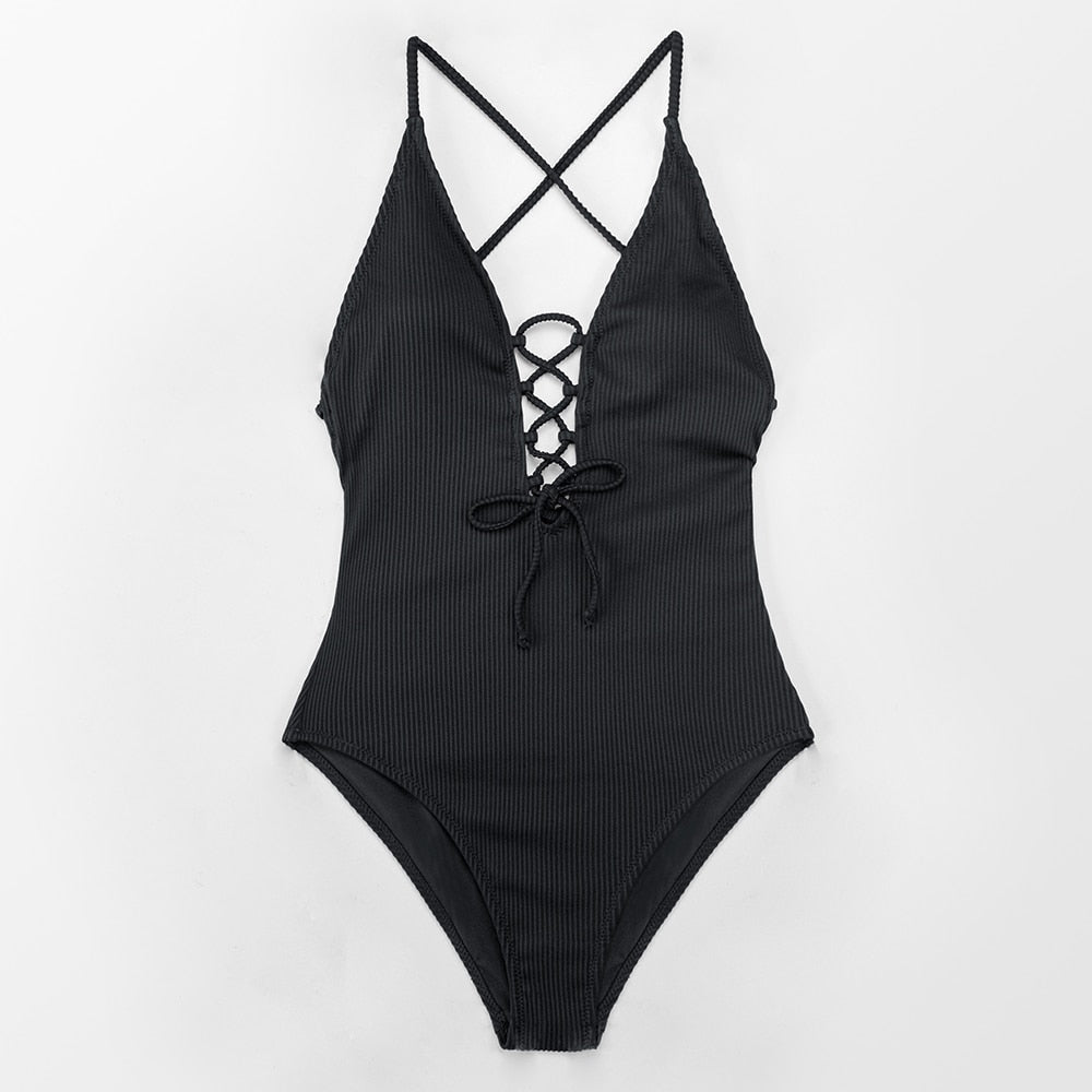 Black Lace Up Halter Swimsuit