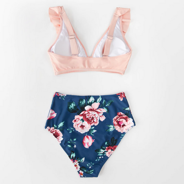 Blue/Pink Floral Ruffled Sleeveless Bikini - High Waist