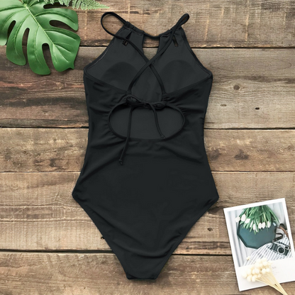 Solid Color Backless Swimsuit - One Piece