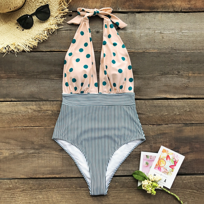 Striped and Dots Halter Neck Swimsuit - One Piece