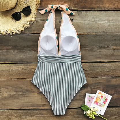 Striped and Dots Halter Neck Swimsuit - One Piece