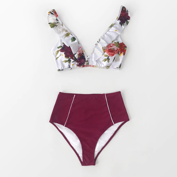 Purple/White Floral Ruffled Sleeveless Bikini - High Waist