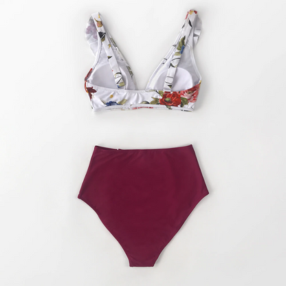 Purple/White Floral Ruffled Sleeveless Bikini - High Waist