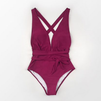 Purple V Neck Swimsuit with Bow - One Piece